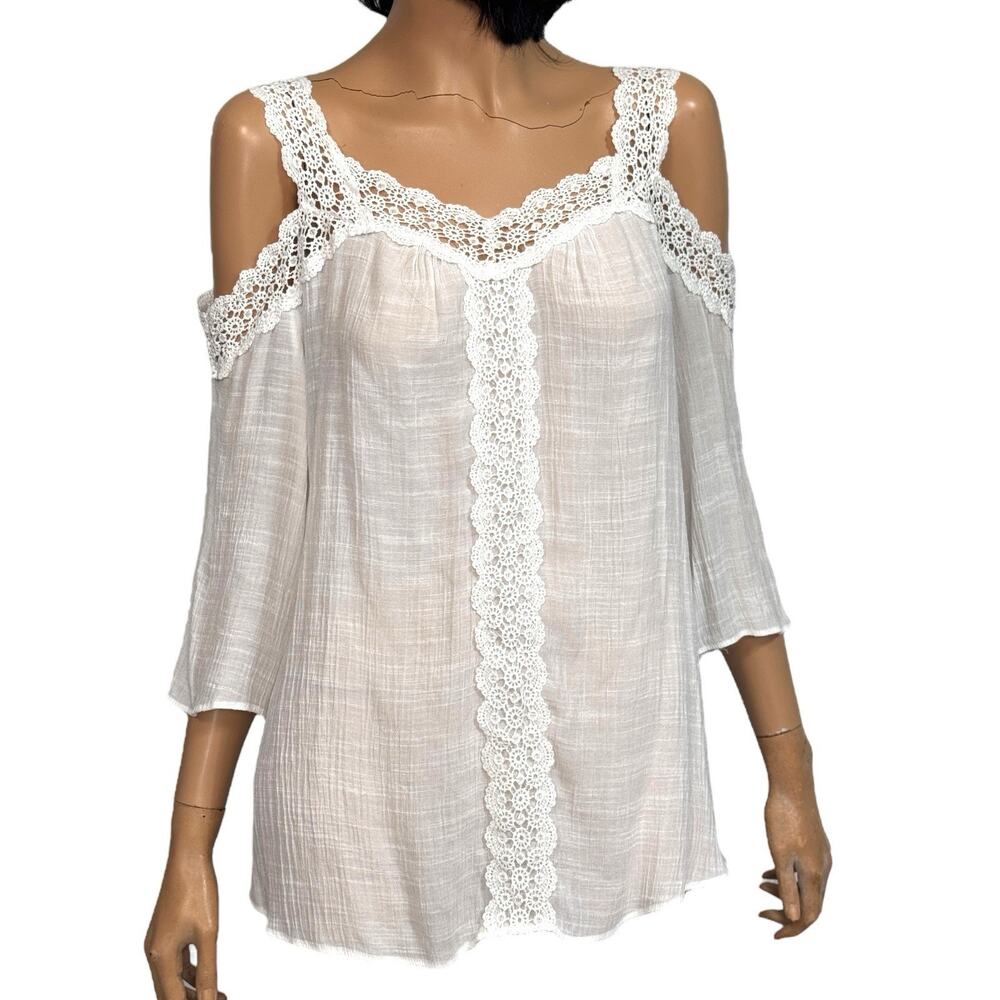White Crinkle Gauze Crochet Lace Cold Shoulder Top M Boho Romantic Peasant